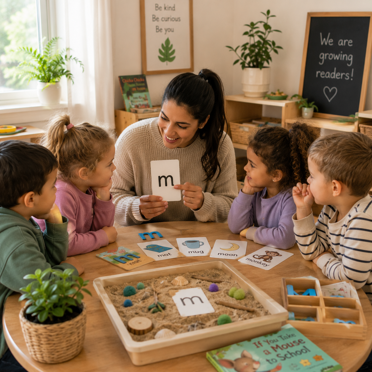 Educator leading literacy and sensory activity