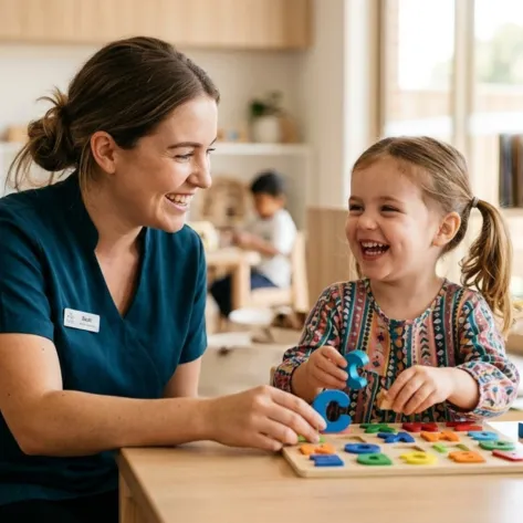 Educator with children at activity table