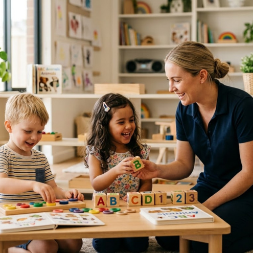 Educator leading literacy and sensory activity